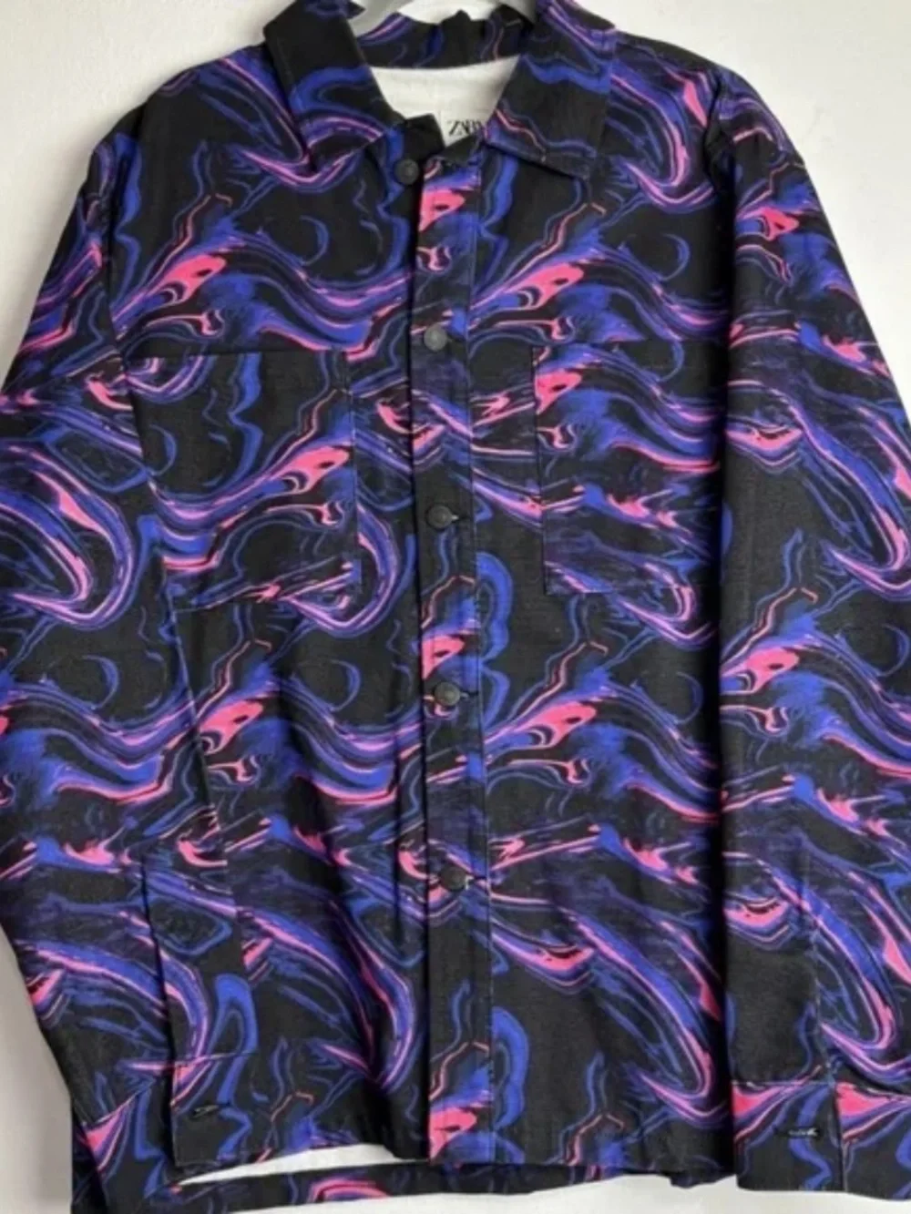 Zara Mens Denim Jacket Overshirt XL Purple Pink Abstract Marbled Printed Relaxed
